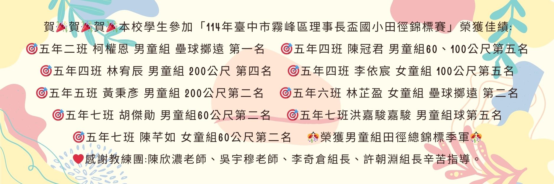 臺中市霧峰區理事長盃國小田徑錦標賽」榮獲佳績