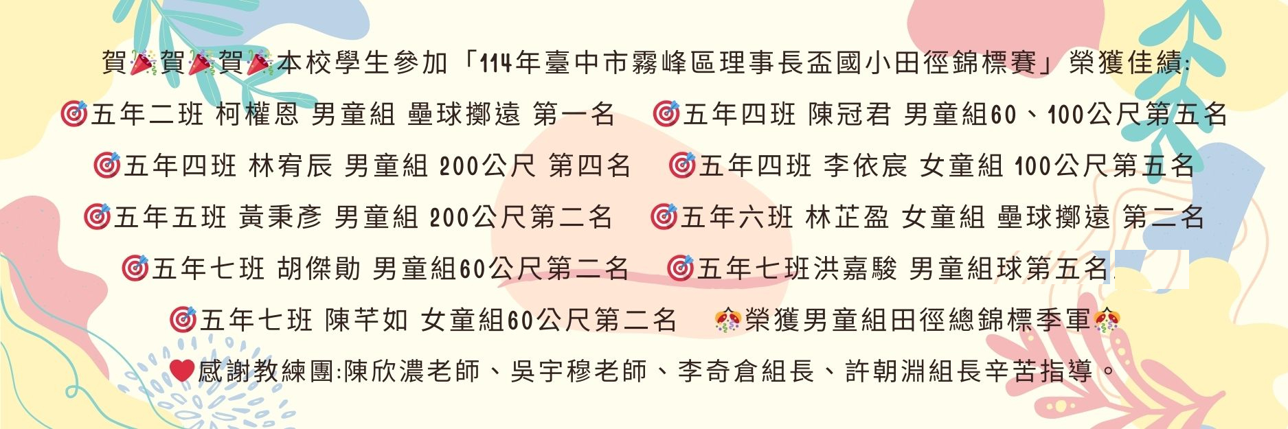 臺中市霧峰區理事長盃國小田徑錦標賽」榮獲佳績